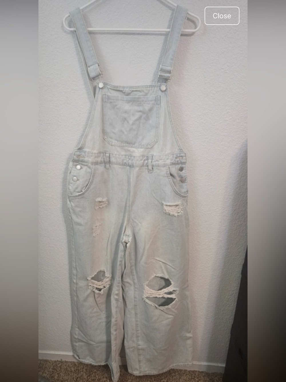 Light Wash Distressed Denim Overalls - Women's